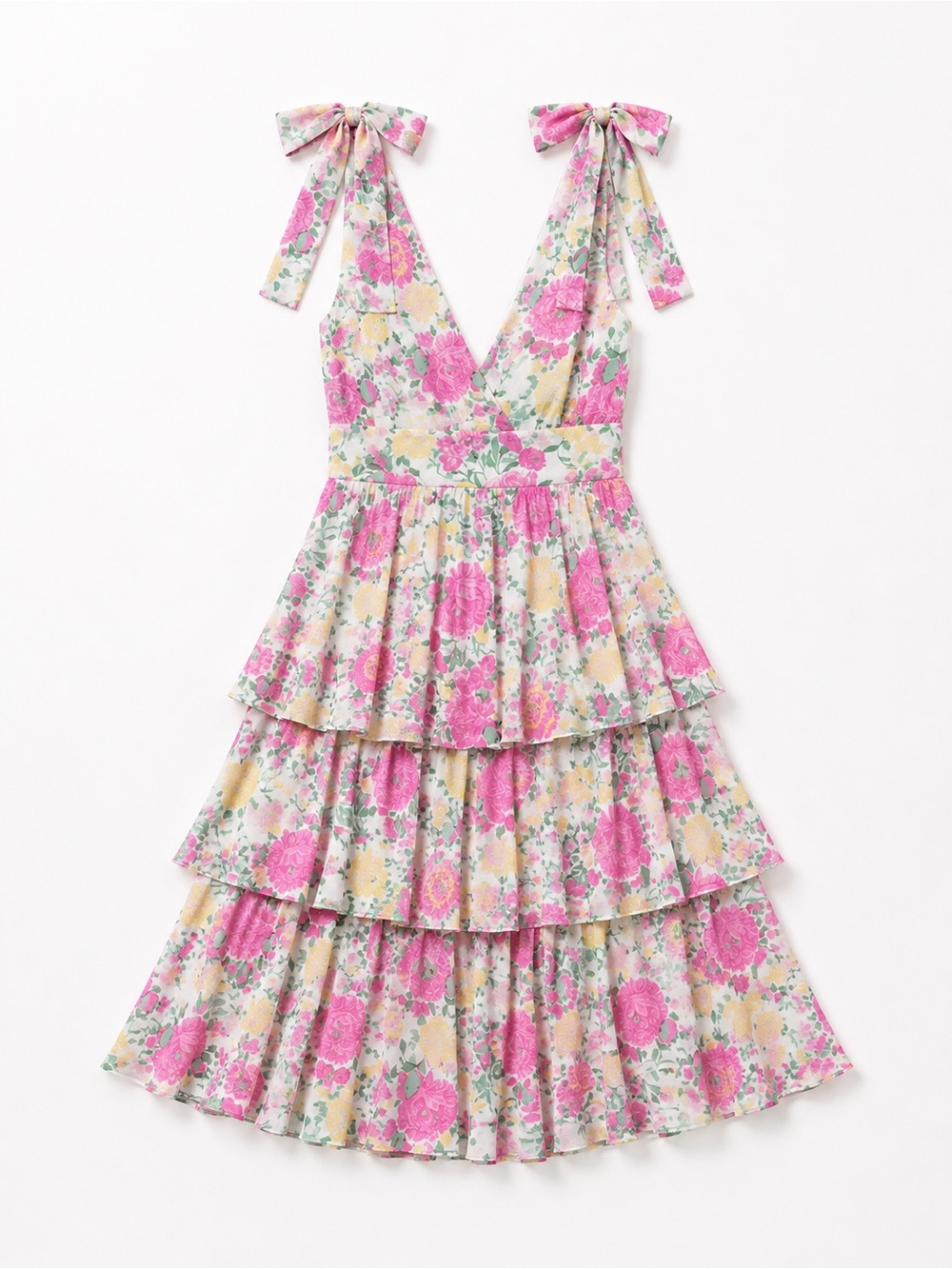 WAYF Floral Tiered Maxi Dress with Tie-Strap Shoulders - Pink Floral Size Medium - Picture 3 of 5
